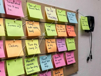 Sticky notes mapping murder board, the detective's wall, strings connecting pape