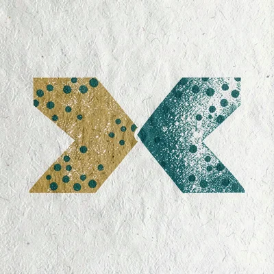 Two interlocking arrow shapes in mustard and teal spot inks fanning outward from