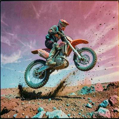 Cross-processed slide film photograph, Motocross rider mid-jump against sky, dir