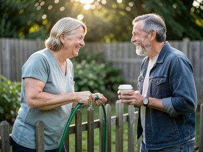 Neighbors chatting over backyard fence, one holding garden hose, other holding c