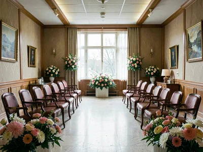 Funeral home viewing room, chairs arranged perfect, flowers symmetric, death mad