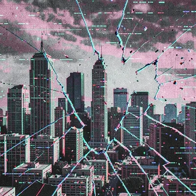 Glitch art illustration, city skyline breaking apart digitally , digital corrupt