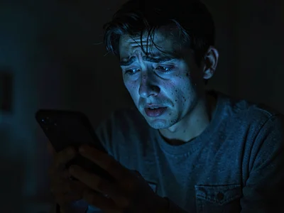 Person doom-scrolling news on phone, anxiety visible in lit face, dark room, can