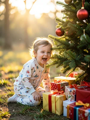 Child peeking at presents under tree, early morning, pajamas, excited
