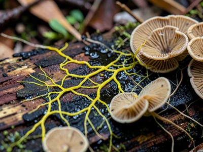Slime mold plasmodium spreading across a rotting log surface — yellow branching 