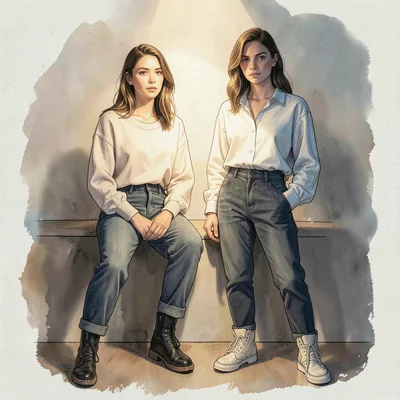 Editorial portrait of two models side by side in matching low-tops, calm compose