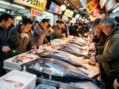 A fish market in Tokyo, massive tuna being auctioned, the buyers examining with 