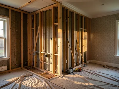 A house mid-renovation with one room's wall removed to the studs, the skeleton o