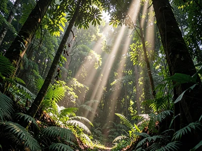 Cathedral light beam descending through canopy gap