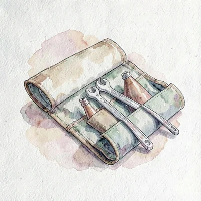 Ink illustration of a tool roll splayed open with cone wrenches and tire levers,