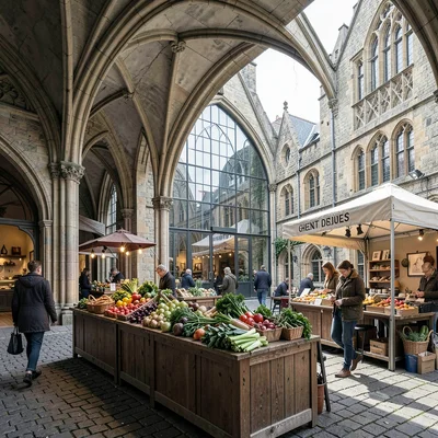 Medieval-modern temporal collision, Ghent layers, Outdoor market stall with orga