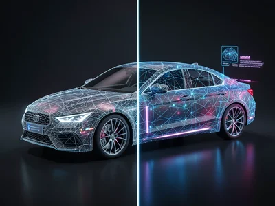 Car half wireframe 3D model, half photorealistic render, split down middle