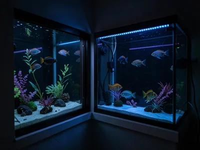 Tank reflection in dark room window, doubling the glow, the late night aquarium 