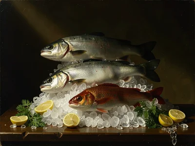 A fish market display reimagined as a Renaissance altar piece — three whole fish