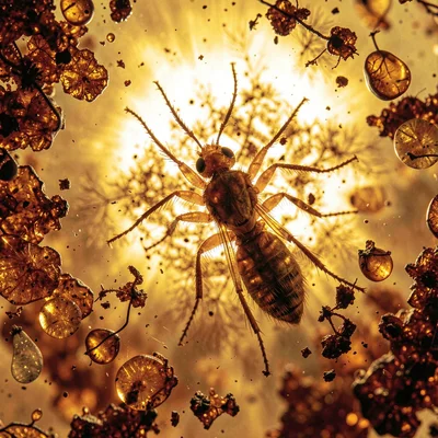 Baltic amber luminescence, backlit golden-brown, Amber with ancient insect inclu