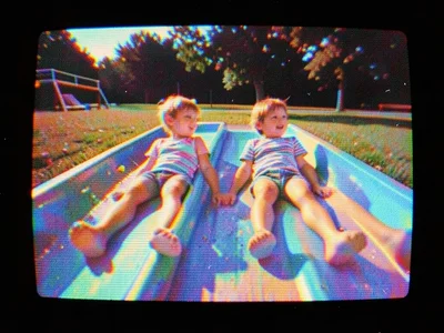 Two kids on a slip-n-slide, their bodies elongated by pause distortion
