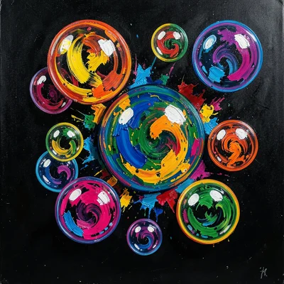 Bubbles floating against a dark background, each reflecting a different color