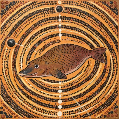 Indigenous Australian dot painting illustration, a platypus swimming through wat