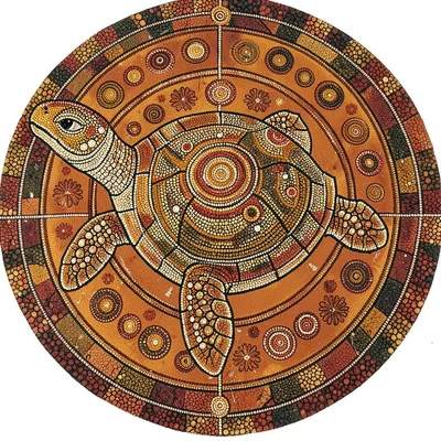 Indigenous Australian dot painting illustration, a turtle carrying country on it