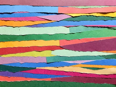Landscape made entirely of torn paper strips in different colors, texture visibl