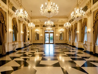 Grand ballroom, checkerboard floor, chandeliers in perfect row, centered doorway