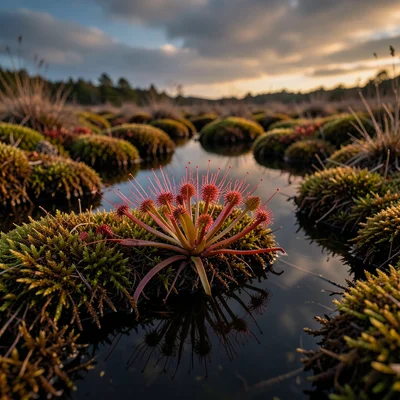 Peat mosses and sundew — carnivorous sundew plant with red sticky tentacles on s
