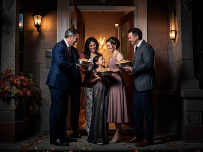 Family members arriving at front door with covered dishes, hugs, autumn porch