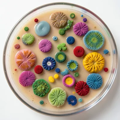 Mixed environmental sample plate, wild biodiversity of colony shapes: smooth, wr