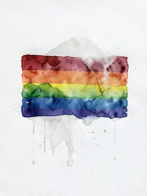 Monoprint of rainbow flag, ink transfer giving textured ethereal quality