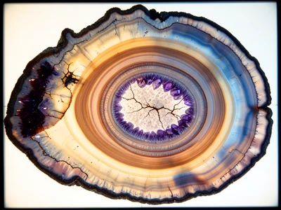 Amethyst geode half, concentric rings from rough exterior through agate bands to