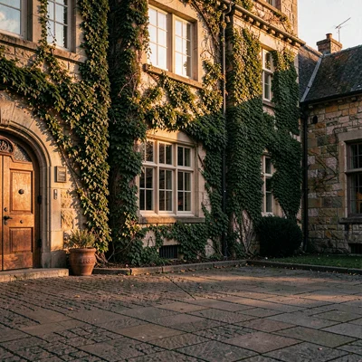 Cozy atmospheric photo of a stone-clad campus quad at golden hour, ivy on a wall