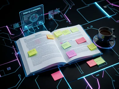 Open textbook with highlights and sticky notes, study session, coffee