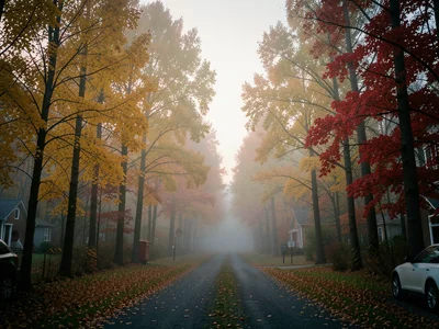 Foggy morning in a forest of golden and red trees, path disappearing into mist