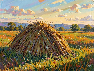 Haystack at the edge of a field in late August, golden hour lengthening the shad