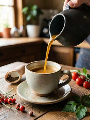 Espresso being poured into a ceramic cup, crema forming on the surface, cafe cou