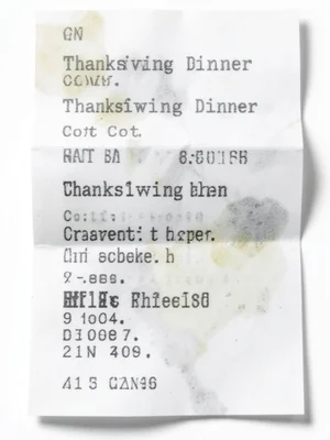 Receipt printout of thanksgiving dinner cost breakdown, fading text