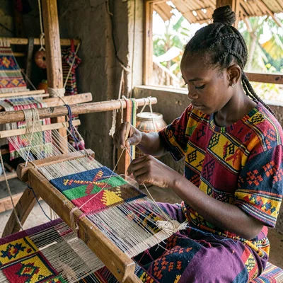 Kumasi kente weaving process, strip loom geometry, Young apprentice learning to 