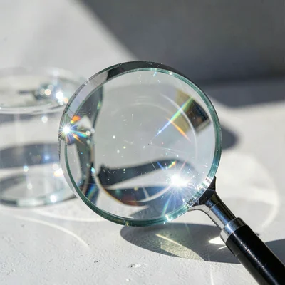 Magnifying glass focusing sunlight, caustic point of light, concentrated transpa