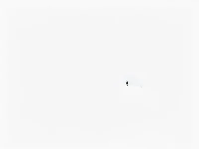 Lone figure tiny in snow vastness
