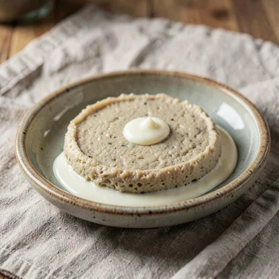 hand-formed disc of small-batch fresh stracciatella in a ceramic dish with a thi