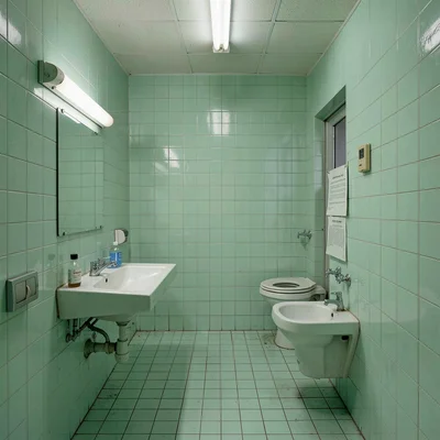 Bathroom tiles in hospital mint, institutional hygiene, ceramic repetition