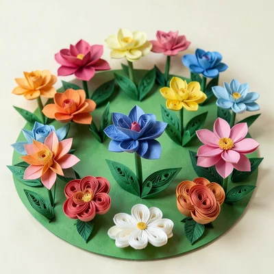 Paper craft flower garden, each flower different technique — origami, quilling, 