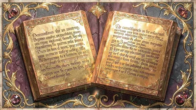 Gold leaf illuminated illustration, tablets of law , burnished gold leaf areas, 