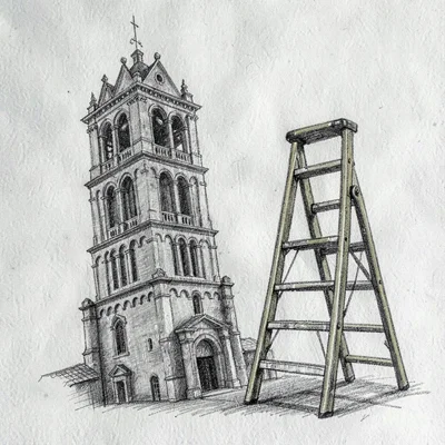 Charcoal study of a leaning tower of bound back issues beside a brass step ladde