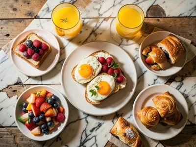 Overhead of a brunch spread — eggs benedict, fruit salad, orange juice, and past