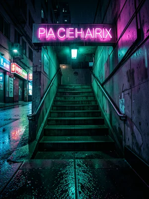 A wet stairway descending into a subway entrance, neon pharmacy sign reflecting 