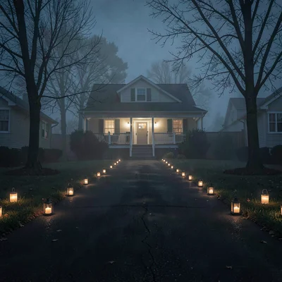 Long suburban driveway at midnight, scattered candle lanterns marking the path t