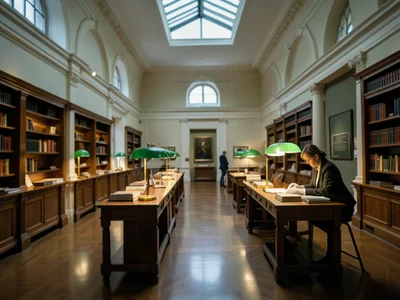 A reading room in a museum library: long oak tables, green-shaded lamps, a resea
