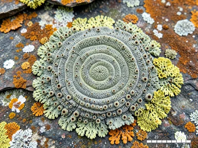 Lichen on old roof slate, concentric growth rings in grey-green, decades of slow