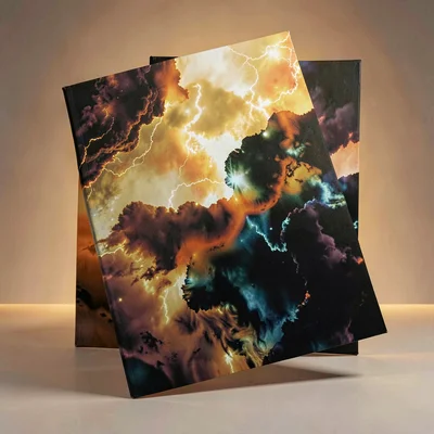 vertical stack of three abstract album-cover mockups overlapping at corners, top